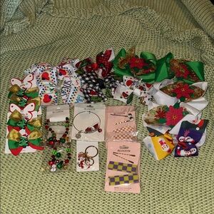 Holiday Kids Hair Bow and Accessory Set - Green, Red, White, Gold